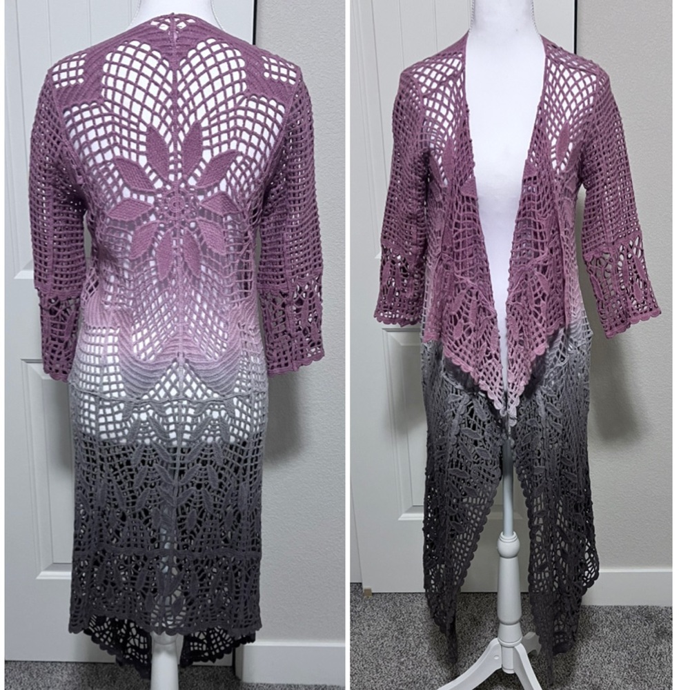 Crochet Pink Gray Ombre Vest Duster Boho Coastal Cowgirl Hippie Festival XS/S
